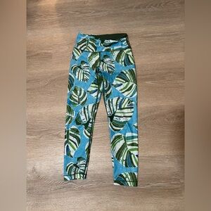 L*Space Green and Blue Leaf Print Activewear - capri length leggings